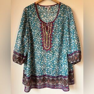 cb Established 1962 Chiffon Boho Embroidered 3/4 Sleeve Blouse Size 3X